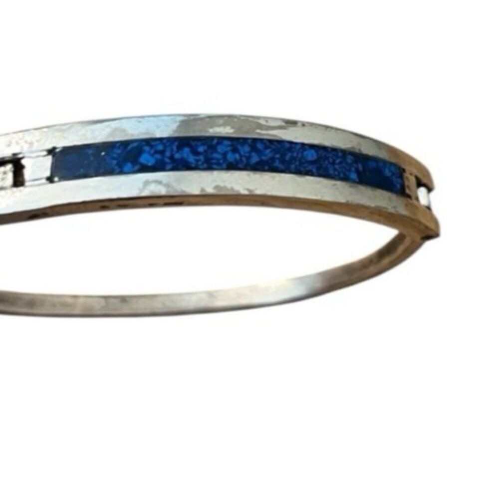 Vintage Alpaca Mexico Silver Crushed Blue Lapiz Inlay Hinged Bracelet One Size - Picture 7 of 7